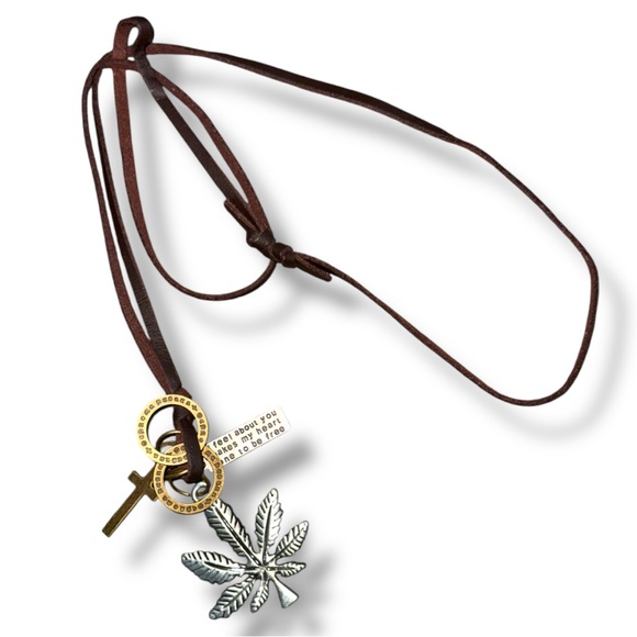 Long Necklace, Leather Silver & Brown Leaf Pendant Necklace, Handmade Jewelry - Picture 5 of 11